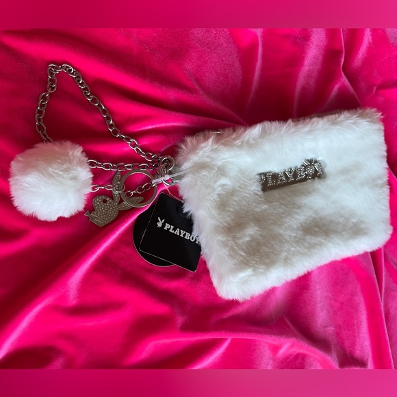 Playboy x Spencer’s fuzzy zipper pouch/clutch w. pom Pom - Picture 9 of 11